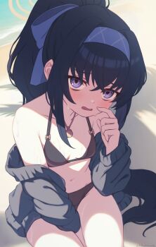 Rule 34 | 1girl, absurdres, anocco, bags under eyes, bikini, black bikini, black hair, blue archive, blue eyes, blush, breasts, hair between eyes, highres, jewelry, long hair, navel, necklace, official alternate costume, official alternate hairstyle, ponytail, sidelocks, small breasts, sweat, swimsuit, ui (blue archive), ui (swimsuit) (blue archive), very long hair