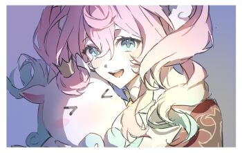 >_< 1girl 1other animal_ears blue_background blue_bow blue_bowtie blue_eyes blue_hair blush blush_stickers border bow bowtie commentary_request crown dress drill_hair gradient_background gradient_hair hair_between_eyes hair_ornament highres honkai:_star_rail honkai_(series) horse_ears hug hyacine_(honkai:_star_rail) korean_commentary little_ica_(honkai:_star_rail) long_hair multicolored_hair myoong_409282 open_mouth pegasus pet pink_hair pom_pom_(clothes) pom_pom_hair_ornament purple_background red_dress sidelocks simple_background smile teeth tongue twintails two-tone_dress two-tone_hair upper_body wavy_hair white_border white_dress