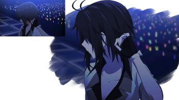 absurdres antenna_hair black_gloves black_hair derivative_work earrings formal_clothes from_side gloves glowstick highres idolmaster idolmaster_million_live! idolmaster_million_live!_theater_days jewelry kikuchi_makoto penlight_(glowstick) screenshot_redraw sidelocks stage suit vickyycy99 white_background