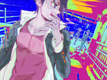 Rule 34 | 3boys, aqua hat, aqua jacket, aqua pants, bag, between fingers, black bag, black jacket, black pants, black shoes, blue hair, cigarette, collarbone, collared jacket, collared shirt, colorful background, commentary request, danganronpa (series), danganronpa v3: killing harmony, delidelidelic, dress pants, dress shoes, expressionless, facial hair, fingernails, full body, gakuran, goatee, gold buttons, hands in pockets, hat, hat over eyes, high collar, holding, holding cigarette, jacket, lapels, layered sleeves, long sleeves, looking at another, looking back, male focus, momota kaito, multiple boys, notched lapels, official alternate costume, oma kokichi, open clothes, open jacket, open mouth, open shirt, pants, pectorals, purple hair, purple tank top, saihara shuichi, school bag, school uniform, shirt, shoes, short hair, smoke, smoking, tank top, teeth, tight clothes, upper body, upper teeth only, white shirt