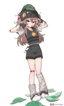 1girl alternate_costume animal animal_on_head animal_slippers bandaid bandaid_on_arm bandaid_on_cheek bandaid_on_face bandaid_on_knee bandaid_on_leg black_gloves black_hat black_shorts black_vest blowing_bubble_gum brown_hair cat_slippers chain chewing_gum commentary death double_v evil_neuro-sama fingerless_gloves flak_jacket full_body gloves gold_chain greatodoggo half-closed_eyes hands_up hat highres inward_v jacket long_hair looking_at_viewer loose_socks medallion neuro-sama newsboy_cap on_head patreon_logo red_eyes shadow shirt shorts simple_background slippers socks solo spiked_hat standing symbol-only_commentary turtle turtle_shell twitter_logo twitter_username two_side_up v vedal987 vedal_ai vest white_background white_shirt white_socks x_x