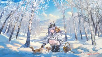 1girl absurdres alternate_costume black_boots blue_sky boots brown_socks chinese_commentary chinese_text closed_mouth cloud cloudy_sky copyright_name day forest goddess_of_victory:_nikke goggles goggles_on_head highres jacket long_hair long_sleeves mountainous_horizon nature official_art outdoors parka pine_tree pinecone second-party_source sky smile snow snow_white_(nikke) socks solo squatting squirrel tree watermark white_hair white_jacket yellow_eyes