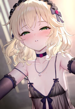 1girl black_gloves blonde_hair blush choker commentary_request elbow_gloves gloves green_eyes hairband half-closed_eyes highres idolmaster idolmaster_cinderella_girls jewelry loli looking_at_viewer matanonki sakurai_momoka solo variant_set