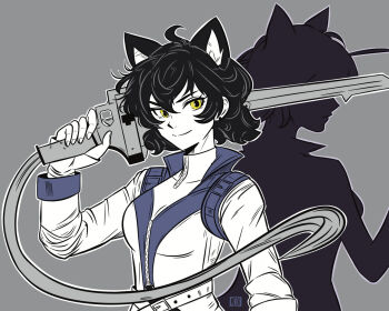 1girl ahoge animal_ears black_hair blake_belladonna breasts cat_ears cat_girl closed_mouth commentary different_shadow earrings english_commentary eyelashes fingernails gambol_shroud grey_background holding holding_weapon jdofasgard jewelry limited_palette long_sleeves official_alternate_hair_length official_alternate_hairstyle outline over_shoulder rwby short_hair simple_background smile upper_body v-shaped_eyebrows weapon weapon_over_shoulder white_outline yellow_eyes zipper