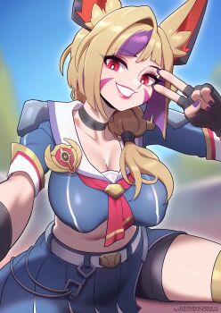 1girl animal_ears artist_name battle_academia_xayah black_choker black_gloves black_shorts blonde_hair breasts choker cleavage collarbone covered_erect_nipples fingerless_gloves gloves grin highres large_breasts league_of_legends multicolored_hair navel pleated_skirt purple_hair red_eyes short_sleeves shorts skirt smile solo stomach strongbana teeth two-tone_hair v xayah