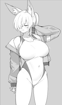1girl absurdres animal_ears bifizu&#039;s_gold blue_archive blush breasts covered_navel dog_ears gluteal_fold greyscale hair_over_one_eye highres jacket jacket_over_swimsuit kanna_(blue_archive) kanna_(swimsuit)_(blue_archive) large_breasts long_hair monochrome one-piece_swimsuit ponytail swimsuit