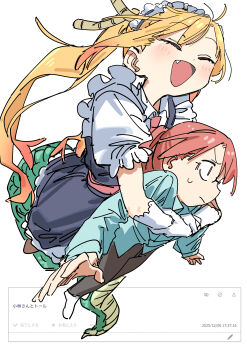 Rule 34 | 2girls, absurdres, blonde hair, blue shirt, brown pants, collared shirt, dragon girl, dragon horns, dragon tail, fang, glasses, haruyuki (gffewuoutgblubh), highres, horns, kobayashi-san chi no maidragon, kobayashi (maidragon), long sleeves, maid, maid headdress, multiple girls, necktie, open mouth, pants, ponytail, red hair, red necktie, shirt, short sleeves, smile, sweatdrop, tail, tohru (maidragon), twintails