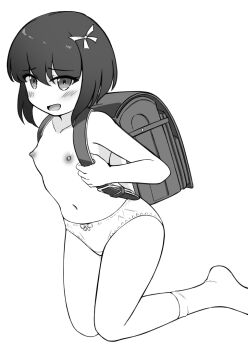 1girl backpack bag blush bow bow_panties collarbone crotch_seam embarrassed flat_chest hair_bow kai_ooo1 kneeling loli looking_at_viewer navel nipples open_mouth original panties randoseru short_hair smile socks topless_female underwear