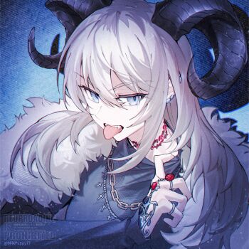 1girl chain chain_necklace commentary earclip girls_band_cry girls_band_cry_rpg grey_eyes grey_hair hair_between_eyes highres horns jewelry kawaragi_momoka long_hair long_sleeves milk_puppy multicolored_hair multiple_rings necklace ring roots_(hair) solo upper_body