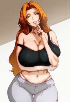 1girl 2025 arm_under_breasts artist_name bare_shoulders bleach blue_eyes collarbone female_focus g-moreartworks highres lips long_hair looking_at_viewer matsumoto_rangiku mole mole_under_mouth navel orange_hair pants parted_lips shiny_skin simple_background solo solo_focus standing stomach sweatpants wide_hips