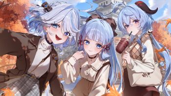 3girls absurdres ahoge ayaka_(genshin_impact) blue_eyes blue_hair blunt_bangs braid closed_mouth furina_(genshin_impact) ganyu_(genshin_impact) genshin_impact goat_horns hair_between_eyes highres horns imasaki_kei jacket long_hair long_sleeves looking_at_viewer multiple_girls open_clothes open_jacket open_mouth outdoors short_hair smile