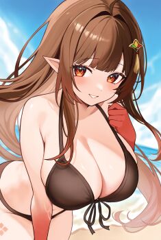 1girl ahoge bare_shoulders beach bent_over bibixart bikini black_bikini breasts brown_hair cleavage colored_skin cowboy_shot diamond-shaped_pupils diamond_(shape) front-tie_bikini_top front-tie_top grin hair_ornament halterneck highres honkai:_star_rail honkai_(series) large_breasts lingsha_(honkai:_star_rail) long_hair looking_at_viewer pointy_ears red_eyes sidelocks smile solo string_bikini swimsuit symbol-shaped_pupils very_long_hair