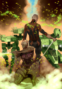 Rule 34 | 2boys, back-to-back, bad id, bad pixiv id, cyborg, electrified sword, electrified weapon, energy, energy weapon, gekko (metal gear), gray fox (metal gear), high-frequency blade, katana, male focus, metal gear (series), metal gear ray, metal gear rex, metal gear solid, metal gear solid 4: guns of the patriots, multiple boys, on one knee, raiden (metal gear), shiira, sword, weapon