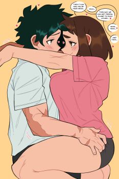 1boy 1girl boku_no_hero_academia brown_eyes brown_hair freckles green_eyes green_hair hetero imminent_kiss izuocha loopvoid midoriya_izuku pink_shirt scar scar_on_arm shirt shorts uraraka_ochako white_shirt