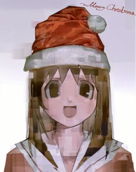 Rule 34 | 1girl, :d, azumanga daioh's school uniform, azumanga daiou, blywkissy2, brown eyes, brown hair, chinese commentary, commentary request, distortion, english text, gradient background, hat, highres, kasuga ayumu, long hair, looking at viewer, merry christmas, open mouth, pink serafuku, pink shirt, portrait, sailor collar, santa hat, school uniform, serafuku, shirt, smile, solo, straight-on