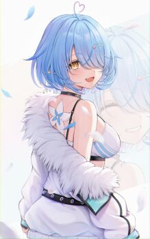 1girl 7nopi :d absurdres ahoge blue_hair bob_cut breasts commentary elf falling_petals from_behind fur-trimmed_jacket fur_trim grin hair_ornament hair_over_one_eye hairclip heart heart_ahoge highres hololive jacket large_breasts looking_at_viewer looking_back multicolored_hair official_alternate_costume open_mouth petals pointy_ears short_hair single_sleeve_past_fingers single_sleeve_past_wrist smile solo sports_bra streaked_hair teeth upper_teeth_only virtual_youtuber white_background white_jacket white_sports_bra yellow_eyes yukihana_lamy yukihana_lamy_(cyber) zoom_layer