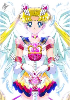 1girl backlighting bishoujo_senshi_sailor_moon bishoujo_senshi_sailor_moon_sailor_stars bishoujo_senshi_sailor_moon_stars blonde_hair blue_eyes brooch choker cowboy_shot crescent crescent_earrings crescent_facial_mark double_bun earrings elbow_gloves eternal_sailor_moon facial_mark feathers female_focus forehead_mark frilled_skirt frills gloves glowing hair_bun jewelry long_hair magical_girl marco_albiero miniskirt sailor_moon sailor_senshi_uniform signature skirt solo staff tsukino_usagi twintails very_long_hair white_gloves wing_brooch wings