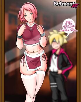 1boy 1girl belmont_art blonde_hair boruto:_naruto_next_generations english_text haruno_sakura highres naruto_(series) pink_hair short_hair thighhighs uzumaki_boruto white_thighhighs