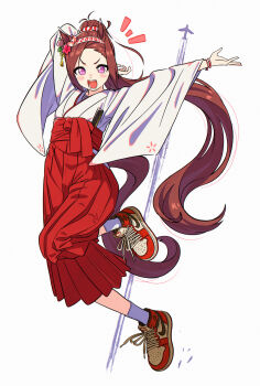 1girl absurdres animal_ears appleq blush brown_hair ear_flower flower flower_in_eye hair_flower hair_ornament hairband hakama hakama_skirt highres horse_ears horse_girl horse_tail japanese_clothes kimono long_hair long_sleeves looking_at_viewer miko nike_(company) open_mouth ponytail purple_eyes red_hakama sakura_bakushin_o_(umamusume) shoes skirt smile socks solo symbol_in_eye tail umamusume white_kimono white_socks wide_sleeves
