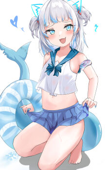 1girl absurdres bare_shoulders blue_eyes blue_nails blue_skirt blue_streaks blunt_bangs blush clothes_lift fins fish_tail flat_chest gawr_gura grey_hair hair_ornament highres hololive hololive_english innertube loli long_hair looking_at_viewer multicolored_hair nail_polish navel shark_girl shark_hair_ornament shark_tail skirt skirt_lift solo streaked_hair swim_ring swimsuit tail two_side_up virtual_youtuber white_background youyoukai