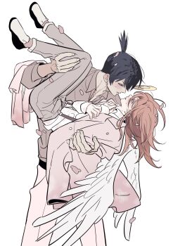 2boys angel_devil_(chainsaw_man) angel_wings black_hair carrying carrying_person chainsaw_man commentary_request eye_contact grey_jacket grey_pants grey_shirt halo hayakawa_aki highres jacket korean_commentary lapels long_sleeves looking_at_another male_focus medium_hair multiple_boys notched_lapels open_collar pants parted_bangs ponytail red_hair shirt shirt_tucked_in shoes short_hair short_ponytail simple_background sleeve_cuffs standing suspenders tus_oo white_background white_pants white_shirt white_wings wing_collar wings yaoi