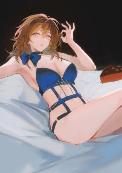 Rule 34 | 1girl, blue bra, bra, breasts, brown hair, candy, chain, chocolate, chocolate heart, commentary, english commentary, food, heart, heart-shaped food, looking at viewer, on bed, original, parted lips, sitting, solo, tomodurien, underwear, underwear only