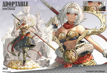 1girl 2020 :3 adoptable allosauc armor artist_name bare_arms barefoot belt black_bra black_gloves blue_pants bra buddha reference_sheet circlet close-up closed_mouth cloud commentary cowboy_shot dark-skinned_female dark_skin deviantart_username english_commentary english_text fingerless_gloves fingernails full_body fur-trimmed_gloves fur_trim genderswap genderswap_(mtf) gloves gold_armor gradient_background grey_background hand_gesture highres holding holding_pole journey_to_the_west looking_at_viewer monkey_tail mountain multiple_views navel original pants pole puffy_pants red_belt red_eyes red_scarf scarf short_hair_with_long_locks simple_background smile statue stomach sun_wukong tail toenails toes triangle_background underwear watermark white_hair