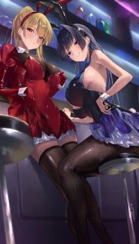 2girls absurdres against_table alternate_costume animal_ear_hairband animal_ears bar_(place) bar_stool black_hair black_leotard black_pantyhose black_thighhighs blonde_hair blue_eyes blue_hair blue_skirt blunt_bangs blush breasts bunny_girl_(akasaki) cleavage collarbone colored_inner_hair curtains detached_collar double-parted_bangs earrings fake_animal_ears fishnet_pantyhose fishnets frilled_skirt frills from_below gloves hair_intakes hairband hashtag-only_commentary high_ponytail highres hololive hololive_english hololive_indonesia jacket jewelry kaela_kovalskia large_breasts layered_skirt leotard long_hair long_sleeves looking_at_viewer multicolored_hair multiple_girls ouro_kronii pantyhose parted_lips plaid_clothes plaid_skirt playboy_bunny ponytail rabbit_ear_hairband rabbit_ears rabbit_tail red_eyes red_gloves red_jacket red_leotard red_skirt sideboob sitting skirt smile stool straight_hair tail thighhighs very_long_hair virtual_youtuber wrist_cuffs zargaz
