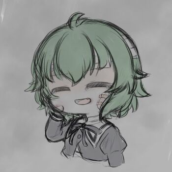 Rule 34 | 1girl, ^ ^, antenna hair, arm at side, assault lily, bandaged head, bandages, black ribbon, buttons, chibi, closed eyes, commentary, cropped arms, cropped jacket, facing viewer, gauze, gauze on cheek, gradient background, green hair, grey background, hand on own cheek, hand on own face, hand up, highres, juliet sleeves, long sleeves, neck ribbon, open mouth, puffy sleeves, ribbon, school uniform, smile, solo, tearing up, umi (s5r1umi 1399), yoshimura thi mai, yurigaoka girls academy school uniform