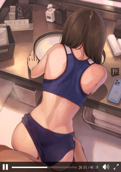 1boy 1girl absurdres back bent_over blue_buruma blue_sports_bra brown_hair buruma buruma_aside cellphone clothed_female_nude_male clothed_sex clothing_aside condom facing_away hetero highres koh_(minagi_kou) medium_hair nude original paid_reward_available penis phone pov recording sex sex_from_behind smartphone soap_dispenser solo_focus sports_bra sweat track_uniform user_interface