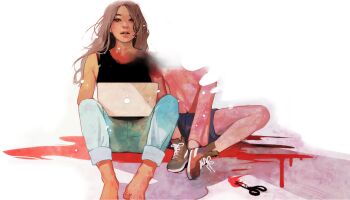 2girls angela_he barefoot black_shirt blood brown_eyes brown_hair censored censored_identity computer denim denim_shorts facing_viewer feet_up freckles full_body highres implied_self-harm jeans knees_apart_feet_together laptop long_hair looking_at_viewer missed_messages multiple_girls non-web_source official_art pants parted_lips pink_sweater pool_of_blood scissors shirt shirt_tucked_in shorts sitting sweater tank_top transparent_background