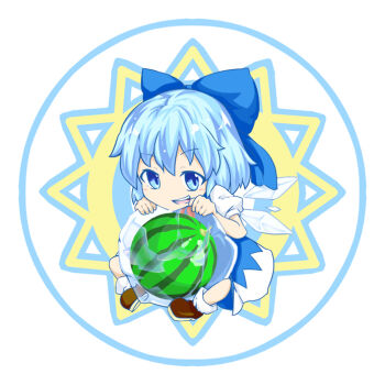 Rule 34 | 1girl, blue eyes, blue hair, bow, cirno, dress, female focus, food, frozen, fruit, hair bow, ice, kokutei n, matching hair/eyes, round image, sitting, solo, touhou, watermelon
