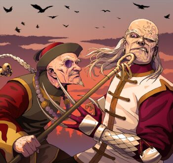 2boys bead_necklace beads beard bird braid character_request clawed_gauntlets commentary_request crow earrings facial_hair highres holding holding_weapon jewelry monocle multiple_boys necklace nobutaka_hanya old old_man penny_blood shadow_hearts single_braid tree weapon