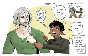 2boys alternate_species bags_under_eyes beard black_eyes black_hair blue_eyes blush connected_beard curly_hair dark-skinned_male dark_skin deformed dungeon_meshi elf english_text facial_hair grabbing_another's_arm grey_hair highres holding holding_razor kabru kabru_(elf) lazy_eye long_sleeves male_focus mithrun mithrun_(tallman) multiple_boys multiple_views notched_ear papi_kyo pointy_ears raised_eyebrow razor shirt short_hair simple_background speech_bubble sweatdrop uneven_eyes wavy_hair white_background yaoi yellow_background