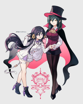 Rule 34 | 2girls, ascot, bell, black cape, black hair, black pantyhose, black shorts, blush, bow, bowtie, breasts, buttons, cape, capelet, commentary, danganronpa (series), danganronpa v3: killing harmony, ewa (seraphhuiyu), eyelashes, flipped hair, full body, genderswap, genderswap (mtf), grey background, hair between eyes, hat, height difference, high heels, highres, holding hands, horns, leaning forward, long hair, long sleeves, looking at viewer, medium hair, multiple girls, nail polish, neck bell, oma kokichi, pantyhose, pointy ears, purple bow, purple bowtie, purple eyes, purple hair, red nails, saihara shuichi, sheep horns, shirt, shorts, simple background, skirt, smile, standing, thigh strap, top hat, twitter username, vampire, very long hair, white capelet, yellow ascot, yellow eyes, yuri