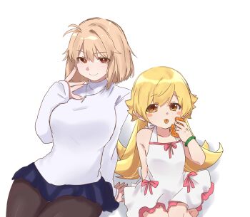 2girls \||/ absurdres ahoge arcueid_brunestud blonde_hair blue_skirt blush blush_stickers bow bracelet breasts brown_pantyhose commentary crossover donut dress dress_bow dress_ribbon eating english_commentary food frilled_dress frills hair_between_eyes hair_intakes highres holding holding_food jewelry long_hair looking_at_viewer miniskirt monogatari_(series) multiple_girls necklace oshino_shinobu pantyhose pink_ribbon red_eyes ribbon short_hair sitting skirt sleeveless sleeveless_dress smile sweater thighs trait_connection tsugumi_(tgm_615486) tsukihime tsukihime_(remake) turtleneck turtleneck_sweater vampire white_background white_dress white_sweater yellow_eyes