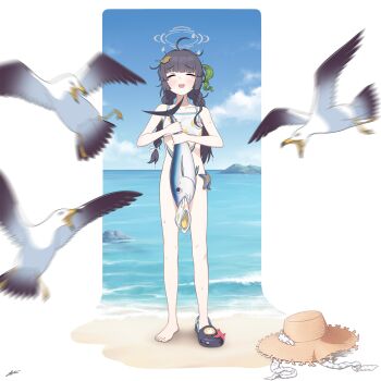 1girl ahoge animal beach bikini bird black_hair blue_archive blue_sky blurry bottomless braid closed_eyes commentary convenient_censoring crocs fish full_body grey_halo halo hat highres holding holding_animal holding_fish jpark leaf leaf_on_head leaf_print long_hair miyu_(blue_archive) miyu_(swimsuit)_(blue_archive) navel ocean official_alternate_costume open_mouth panties print_bikini seagull seaweed signature sky solo starfish straw_hat swimsuit tearing_up tears twin_braids underwear unworn_hat unworn_headwear unworn_panties unworn_swimsuit white_background white_bikini