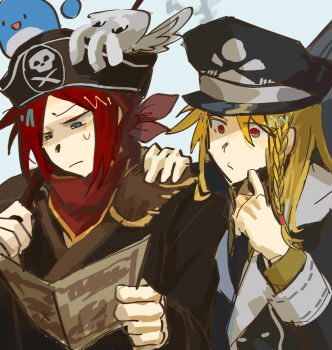 2boys black_jacket blonde_hair blue_background blue_eyes braid chinese_commentary closed_eyes closed_mouth commentary_request cosplay epic_battle_fantasy gen_2_pokemon ggezi hat highres holding holding_paper jacket lance_(epic_battle_fantasy) lance_(epic_battle_fantasy)_(cosplay) long_hair male_focus marill matt_(epic_battle_fantasy) multiple_boys neckerchief nintendo paper pirate_costume pirate_hat pokemon red_eyes red_hair red_neckerchief serious short_hair squid_hair_ornament sweat twin_braids upper_body