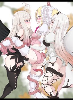 Rule 34 | 3girls, :p, absurdres, airy (bravely default), anne (bravely second), antenna hair, arms behind back, ass, black gloves, black leotard, black thighhighs, black wings, blonde hair, blue eyes, blush, boots, bound, bound arms, bravely default: brilliant lights, bravely default: flying fairy, bravely default (series), bravely second: end layer, butterfly wings, commission, commissioner upload, crossover, elbow gloves, eye contact, face-to-face, fairy, fairy wings, fingering, gloves, grabbing from behind, gulp5959, hana koi (gulp5959), highres, insect wings, leg up, leotard, long hair, looking at another, multiple girls, open mouth, original, pink leotard, pointy ears, restrained, skeb commission, smile, spread legs, tentacles, thigh boots, thighhighs, tongue, tongue out, torso grab, very long hair, white gloves, white hair, white leotard, white thighhighs, white wings, wings, yuri