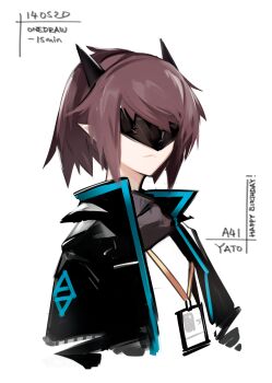 1girl arknights black_jacket black_scarf brown_hair character_name closed_mouth commentary_request cropped_torso dated deel_(rkeg) english_text eye_mask female_focus happy_birthday highres id_card jacket lanyard mask one-hour_drawing_challenge open_clothes open_jacket pointy_ears scarf shirt short_hair simple_background smile solo time upper_body white_background white_shirt yato_(arknights)