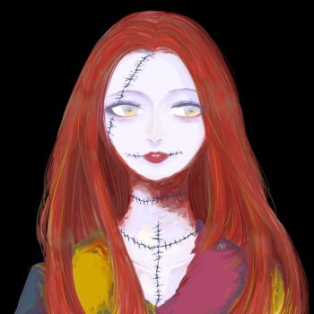 1girl b_b_b-vvv colored_skin dress lips long_hair open_mouth patchwork_clothes patchwork_skin red_hair sally_(nbc) simple_background smile stitched_face stitches striped_clothes the_nightmare_before_christmas upper_body white_background
