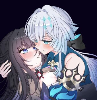 2girls bare_shoulders black_background black_hair blue_eyes blue_shirt blush breasts cerydra_(honkai:_star_rail) cleavage closed_mouth collared_shirt commentary_request hand_on_another&#039;s_head highres honkai:_star_rail honkai_(series) hysilens_(honkai:_star_rail) kosame_0229 long_hair medium_breasts multiple_girls parted_lips purple_eyes shirt simple_background smile white_hair yuri