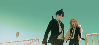 Rule 34 | 2boys, amputee, angel devil (chainsaw man), angel wings, armless amputee, black hair, black necktie, black pants, brown hair, chainsaw man, collared shirt, earrings, formal clothes, green sky, halo, hayakawa aki, highres, jewelry, katana, long hair, looking down, multiple boys, necktie, no arms, one eye closed, pants, railing, shinamoku00, shirt, short hair, sky, stud earrings, suit, sword, topknot, weapon, weapon on back, white shirt, white wings, wings