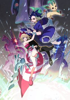 1boy 1girl absurdres adaman_(pokemon) arceus black_footwear blonde_hair blue_eyes blue_hair blue_jacket boots bracelet brown_eyes dialga dress eyebrow_cut gen_4_pokemon glaceon highres holding holding_poke_ball irida_(pokemon) jacket jewelry leafeon legendary_pokemon looking_at_viewer looking_up mythical_pokemon nemoto_yuuma nintendo obi open_mouth palkia pink_boots pink_dress poke_ball pokemon pokemon_(creature) pokemon_legends:_arceus ponytail red_eyes sash short_hair tail v-shaped_eyebrows