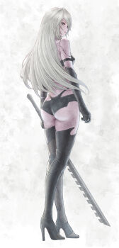 1girl a2_(nier:automata) android ass bare_shoulders black_boots black_gloves blue_eyes boots breasts closed_mouth commentary elbow_gloves from_behind full_body gloves grey_hair high_heel_boots high_heels highres holding holding_sword holding_weapon joints long_hair looking_to_the_side medium_breasts mole mole_under_mouth nier:automata nier_(series) robot_joints solo standing sword thigh_boots tomozoo83 weapon