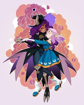 2girls amity_blight arm_around_waist black_fur black_sclera claws colored_sclera couple dana_terrace demon_girl glyph highres holding_hands hooves horns horns_through_headwear looking_at_another luz_noceda luz_noceda_(titan) multiple_girls pointy_ears purple_hair the_owl_house yuri