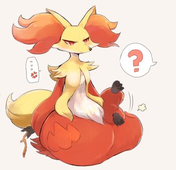 ... ? anger_vein delphox full_body gen_6_pokemon grey_background kneeling looking_at_viewer motion_blur nintendo no_humans patting_lap pokemon pokemon_(creature) red_eyes simple_background solo speech_bubble spoken_anger_vein user_ttpy4852