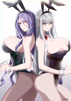 2girls animal_ears areola_slip ass ass-to-ass back-to-back black_leotard bow bowtie breasts brown_pantyhose cleavage commentary_request commission cowboy_shot crymaria_levin detached_collar eyes_visible_through_hair fake_animal_ears fake_tail fishnet_pantyhose fishnets grey_background hair_between_eyes highleg highleg_leotard highres huge_breasts kimura_shiki leotard long_hair multiple_girls pantyhose playboy_bunny purple_hair rabbit_ears rabbit_tail red_bow red_bowtie red_eyes selvaria_bles senjou_no_valkyria senjou_no_valkyria_(series) senjou_no_valkyria_1 senjou_no_valkyria_4 simple_background skeb_commission skindentation strapless strapless_leotard tail traditional_bowtie very_long_hair white_hair wrist_cuffs