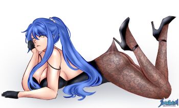 absurdres arched_back artist_logo black_gloves black_leotard black_pantyhose black_shoes blue_hair breasts cleavage closed_mouth commentary commission eiyuu_densetsu english_commentary english_text feet_up floral_print_pantyhose from_side gloves hair_between_eyes high-waist_pantyhose high_heels highleg highleg_leotard highres hooked_on_heel lace lace_pantyhose lace_pantyhose_hooked_on_heel_(meme) large_breasts laura_s._arseid leotard logo long_hair long_single_sidelock looking_at_viewer lying meme on_stomach pantyhose pantyhose_tug parted_bangs ponytail sen_no_kiseki_(series) seralalaaa shoes simple_background single_sidelock stiletto_heels white_background yellow_eyes