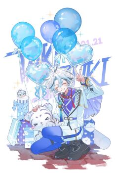Rule 34 | 1boy, arm up, balloon, black shoes, black streaks, blazer, blue eyes, blue pantyhose, blue ribbon, blue shirt, blue theme, boots, bow, brooch, chain, ensemble stars!, facing viewer, feature scout 1 (ensemble stars!), fingernails, gift, happy birthday, heart balloon, jacket, jewelry, long sleeves, male focus, multicolored hair, multiple rings, official alternate costume, omanjuu mascot, open mouth, pantyhose, petting, red rope, ribbon, ring, rope, shirt, shoes, short hair, shorts, smile, solo, sparkle, squatting, streaked hair, taki ibuki, tassel, teeth, thigh strap, tiger, v, white background, white hair, white jacket, white shorts, white tiger, xyumim